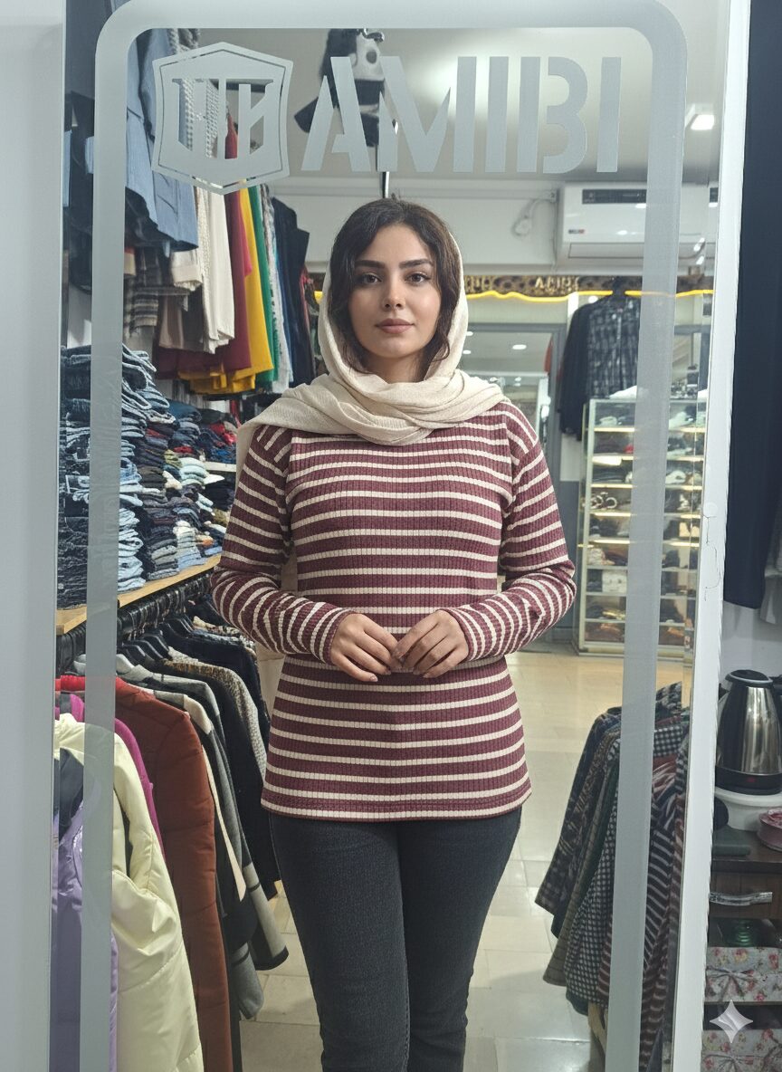 بلو آستین بلند کشی راه راه1 بلوز آستین بلند کشی راه راه آلبالویی